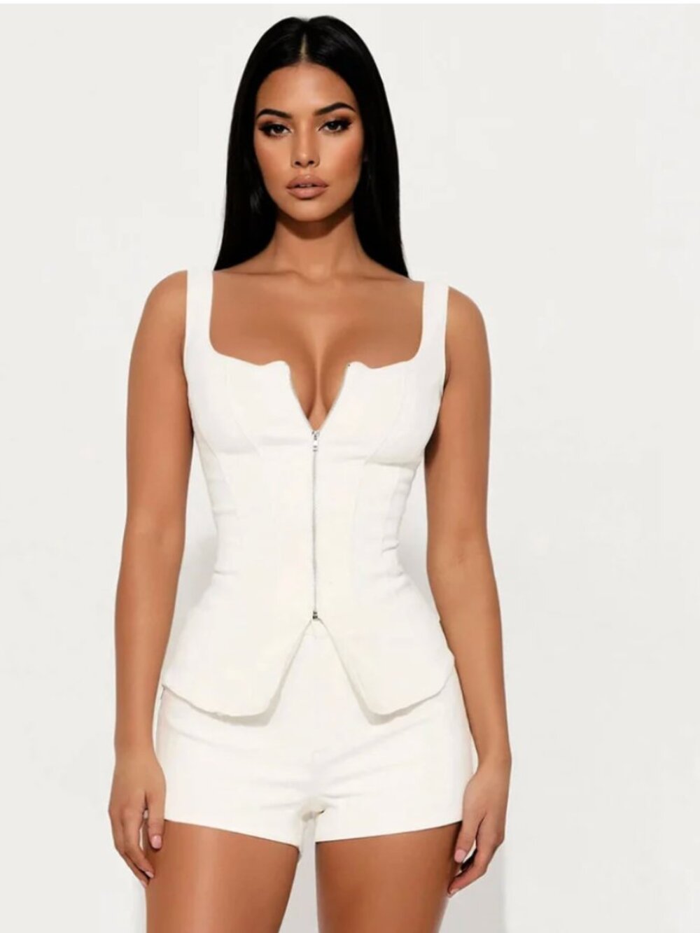 White denim short set